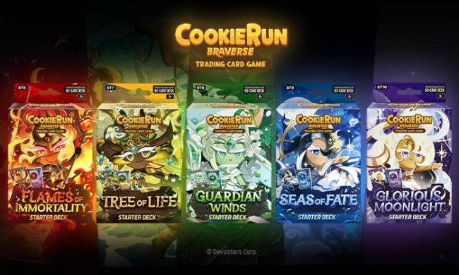 CookieRun Braverse Legendary Cookie Starter Decks lineup with all five deck choices