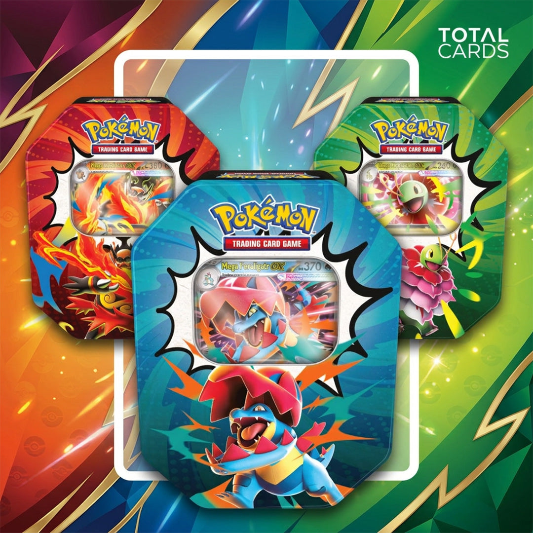 Pokémon TCG Mega Evolution Ascended Heroes sealed three-tin set: Mega Meganium ex, Mega Emboar ex, and Mega Feraligatr ex